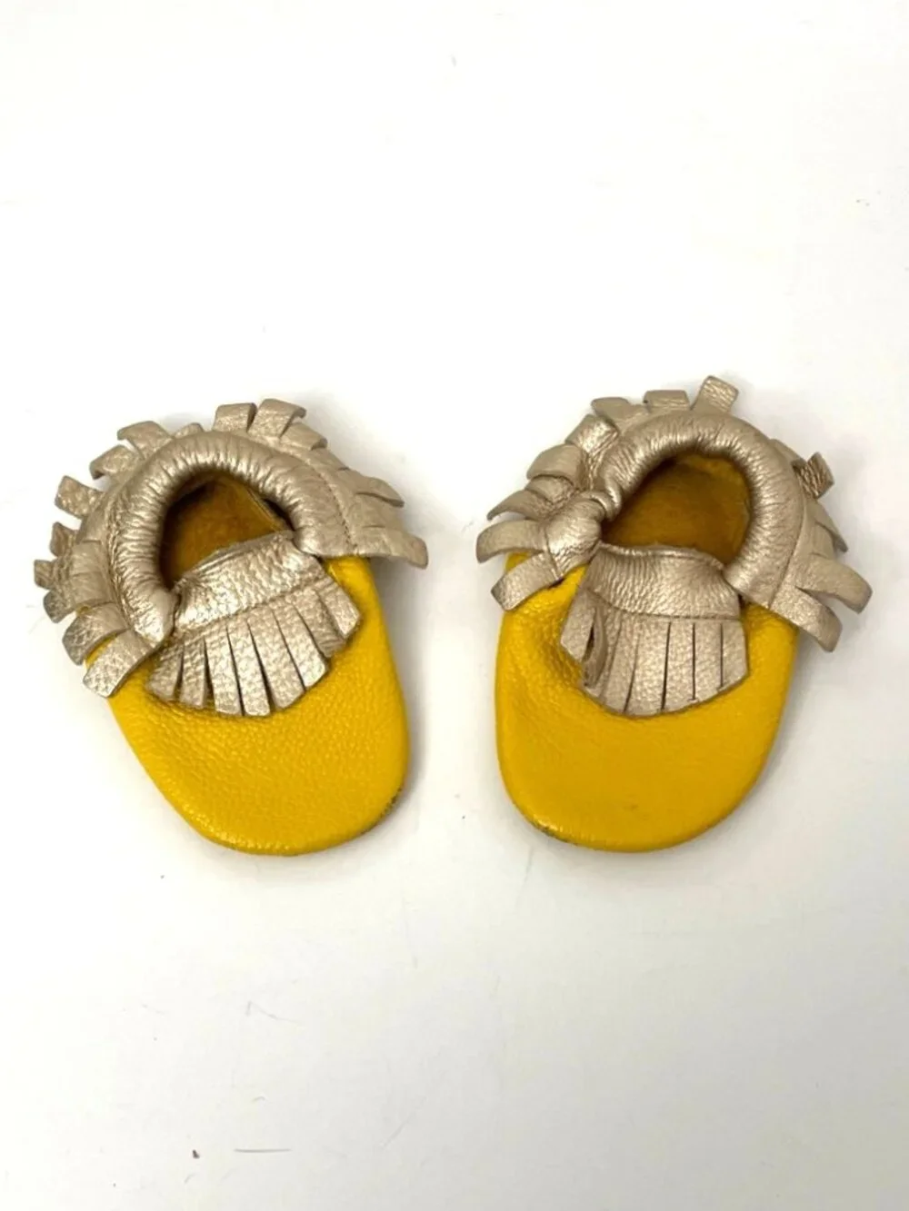 Leather Moccasins Yellow & Metallic Fringe Unisex‎ Baby Toddler